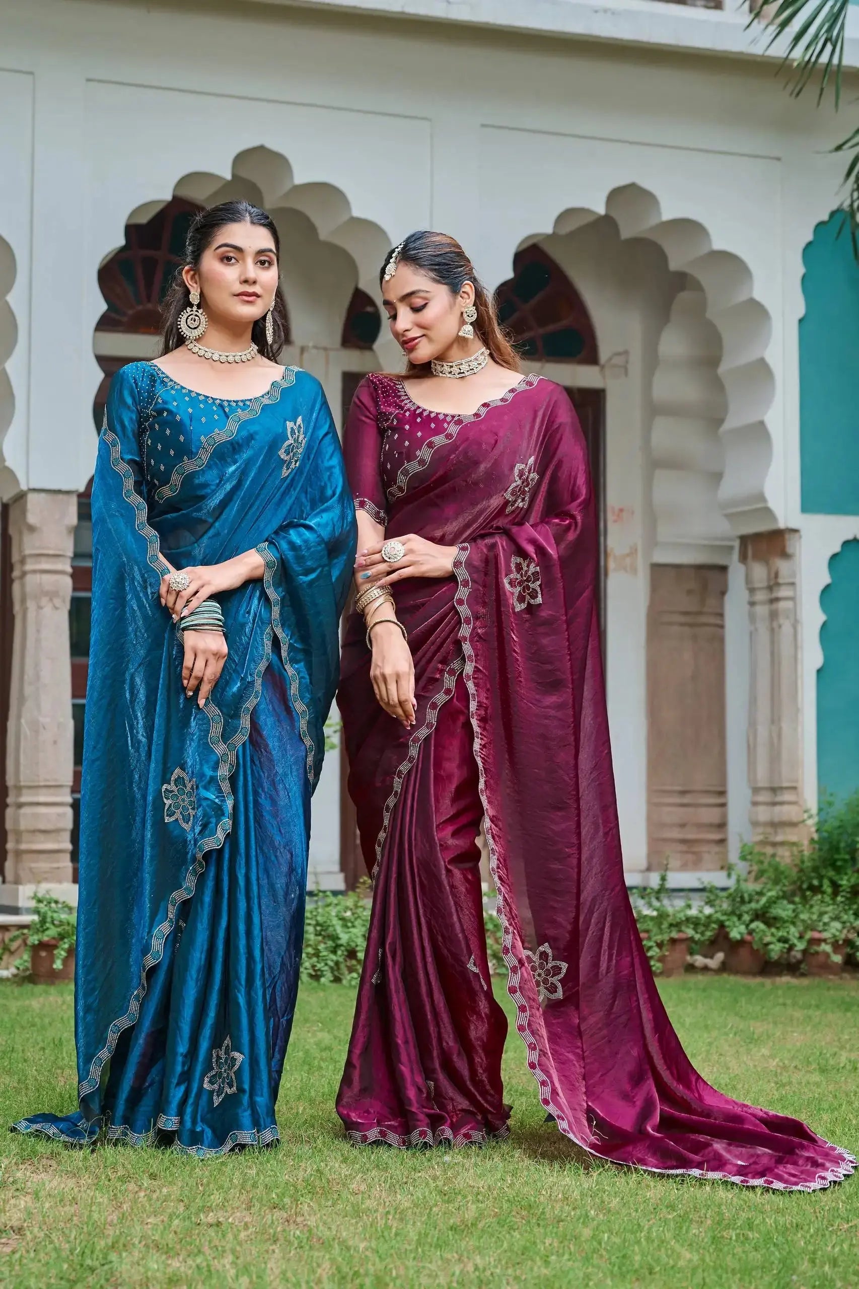 Navy Blue and Wine Diamond Work Sarees styled together, full body view